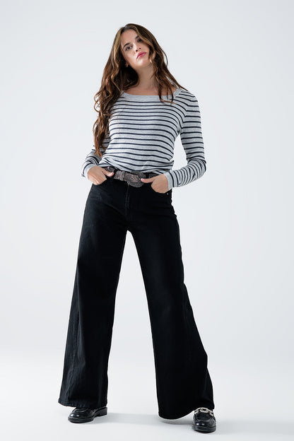 Q2 Grey Striped Fine Knit Sweater With Boat Neck - Women's Fashion - Women's Clothing - Sweaters - Pullovers