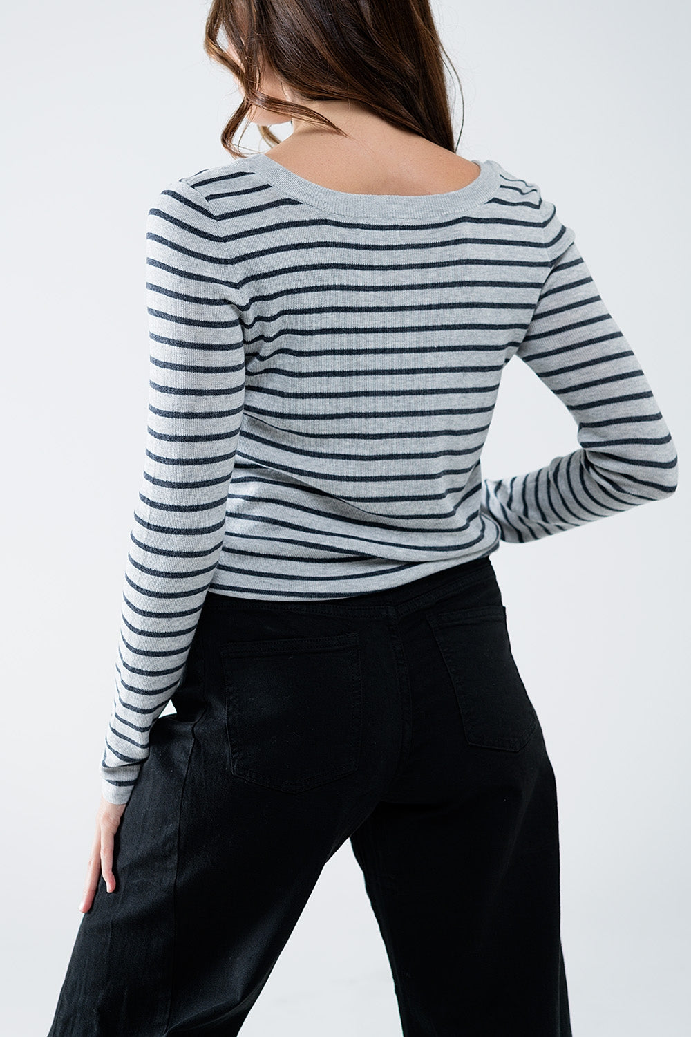 Q2 Grey Striped Fine Knit Sweater With Boat Neck - Women's Fashion - Women's Clothing - Sweaters - Pullovers