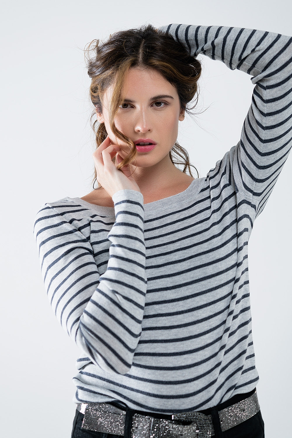 Q2 Grey Striped Fine Knit Sweater With Boat Neck - Women's Fashion - Women's Clothing - Sweaters - Pullovers