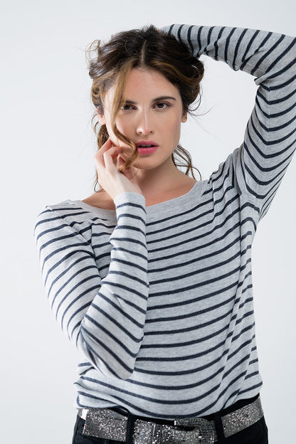 Q2 Grey Striped Fine Knit Sweater With Boat Neck - Women's Fashion - Women's Clothing - Sweaters - Pullovers
