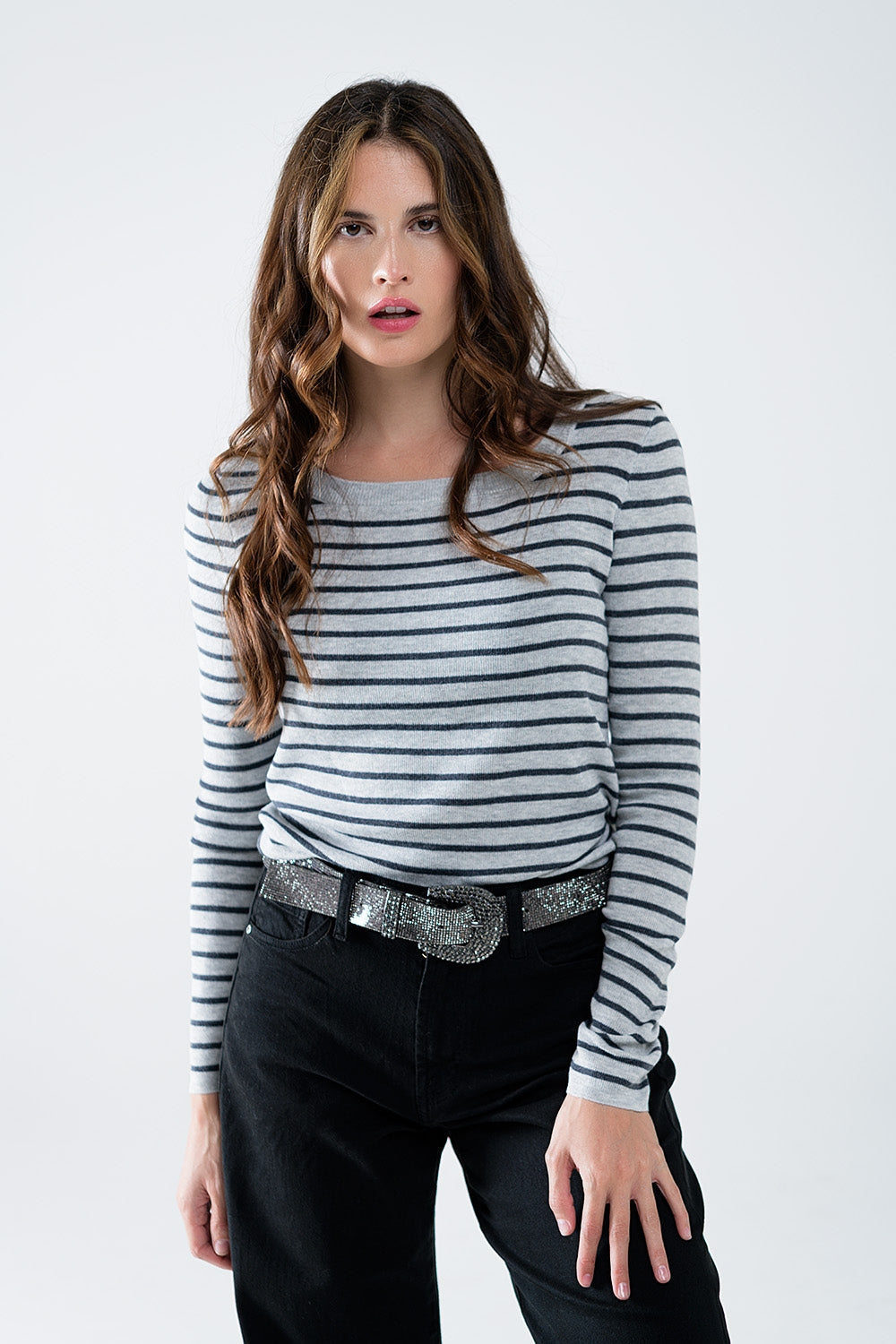 Q2 Grey Striped Fine Knit Sweater With Boat Neck - Women's Fashion - Women's Clothing - Sweaters - Pullovers