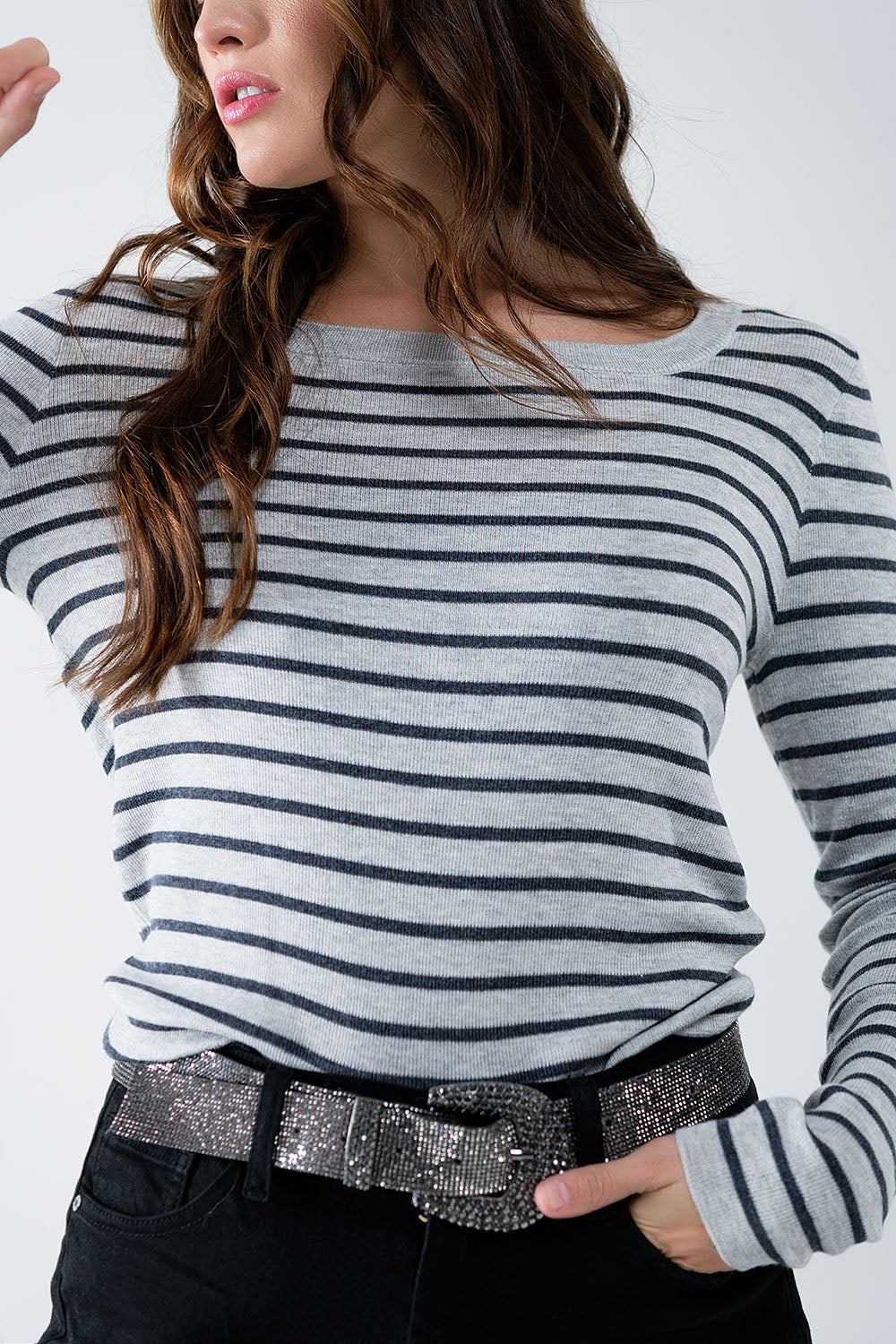 Q2 Grey Striped Fine Knit Sweater With Boat Neck - Women's Fashion - Women's Clothing - Sweaters - Pullovers
