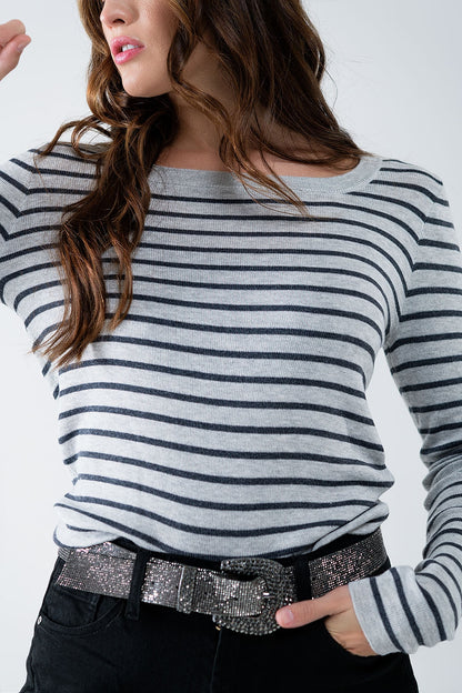 Q2 Grey Striped Fine Knit Sweater With Boat Neck - Women's Fashion - Women's Clothing - Sweaters - Pullovers