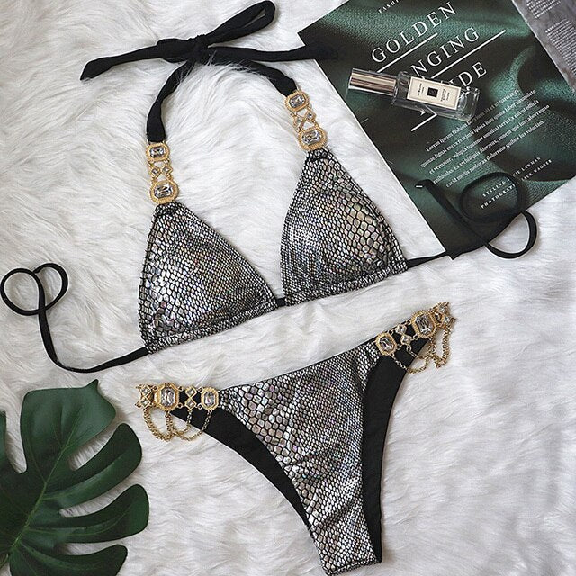 Shiny Rhinestone Crystal Diamond Bikini Swimsuit