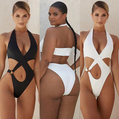 Sexy One-Piece Women's Solid Color Cross Hollow Plus Size Swimwear - 16th Avenue
