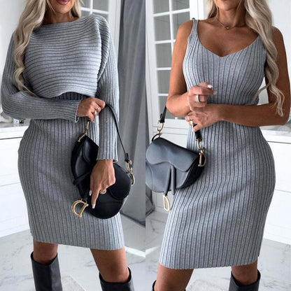 Women's Solid Stripe 2pcs Suit Long-sleeved Suspender Skirt - 16th Avenue